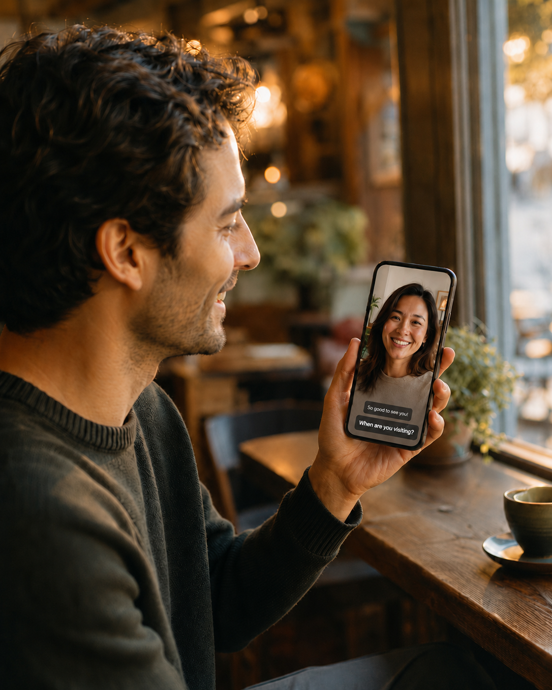 A one-to-one video call showing live captions translated in real time at the bottom of the phone screen