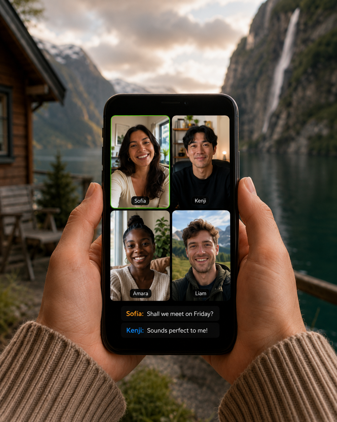 A four-person group video call with live captions, each labeled with the speaker's name and color