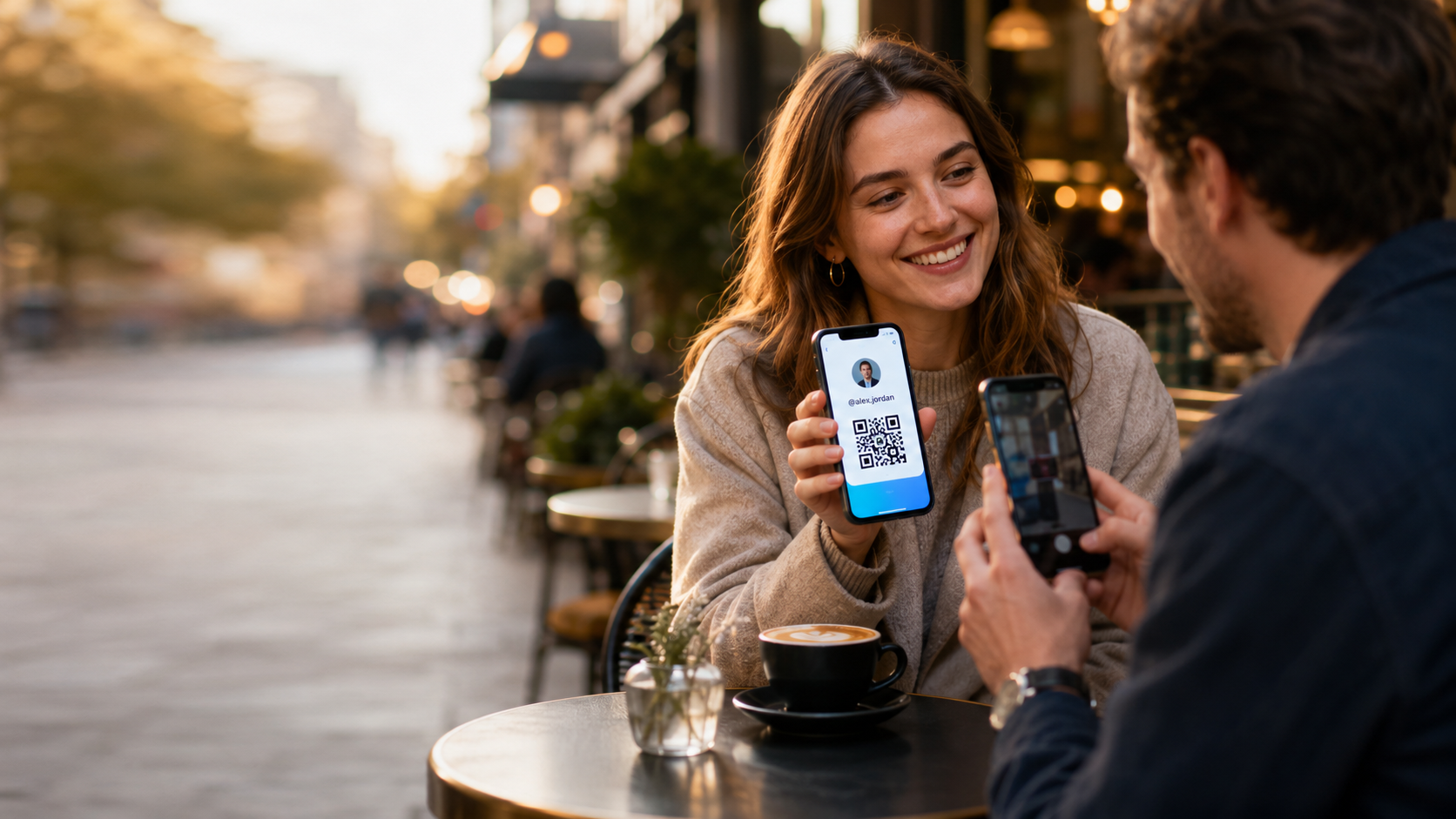 Two people connecting by username and QR code, without sharing phone numbers